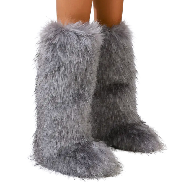 Grey baddie knee-high fur boots – Wyn Luxe